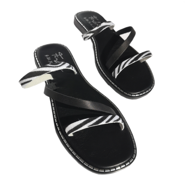 Thetis handmade sandal χειροποίητο δερμάτινο ασπρόμαυρο σανδάλι - φλατ, δέρμα, μαύρα, animal print