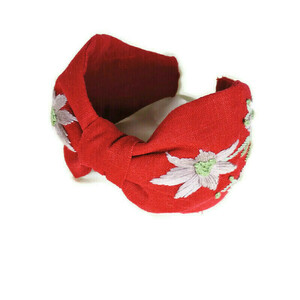 Χειροποίτη φλοράλ στέκα με κέντημα στο χέρι σε κοκκινο λινό ύφασμα σε vintage στυλ / Handmade floral embroidery headband in red linen cloth . - ύφασμα, για τα μαλλιά, στέκες - 4