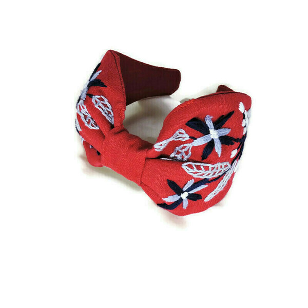 Χειροποίτη φλοράλ στέκα με κέντημα στο χέρι σε κοκκινο ύφασμα / Handmade floral embroidery headband in red linen cloth . - ύφασμα, στέκες - 4