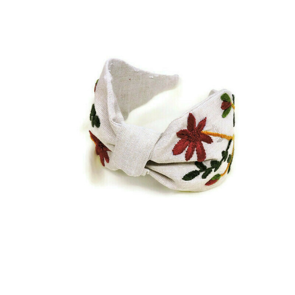 Χειροποίητη floral στέκα με κέντημα στο χέρι σε μπεζ λινό ύφασμα / Handmade floral embroidery headband in beige linen cloth. - στέκες - 3