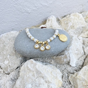 Βραχιόλι με ημιπολύτιμες πέτρες - Love it in white - ημιπολύτιμες πέτρες, charms, επιχρυσωμένα, swarovski, χεριού, κωνσταντινάτα, αυξομειούμενα - 2