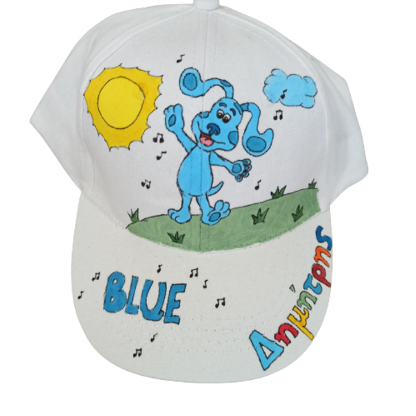 παιδικό καπέλο jockey με όνομα και θέμα μπλε σκυλάκι που τραγουδάει ( blue puppy ) - όνομα - μονόγραμμα, σκυλάκι, καπέλα, προσωποποιημένα