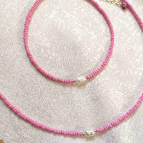 Κολιέ με ροζ miyuki χάντρες και μαργαριτάρι - μαργαριτάρι, γυναικεία, miyuki delica, κοντά, seed beads, φθηνά - 3