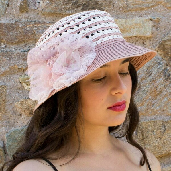 Ψάθινο διακοσμημένο γυναικείο καπέλο ροζ αντίκ - λουλούδια, romantic, δώρα για γυναίκες, ψάθινα - 3