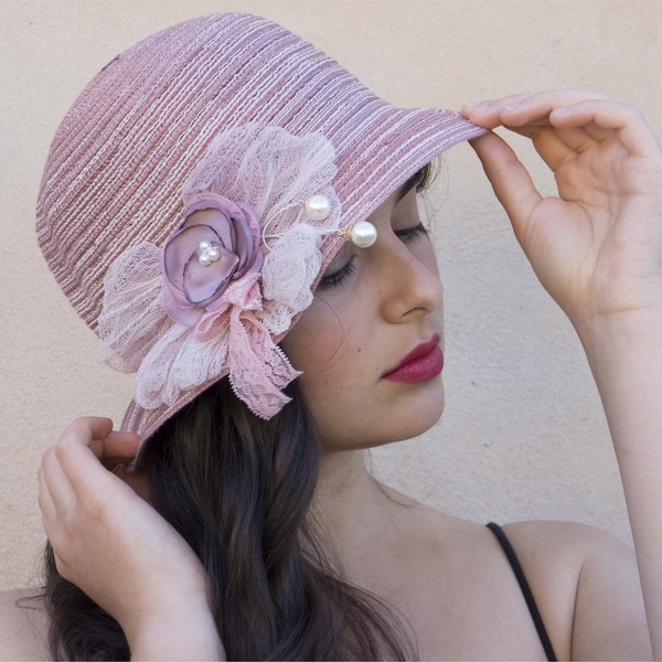 Ψάθινο διακοσμημένο με σύνθεση ροζ αντίκ γυναικείο καπέλο - λουλούδια, romantic, δώρα για γυναίκες, ψάθινα - 2