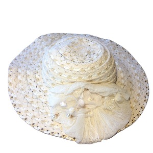 Γυναικείο καπέλο εκρού από δαντέλα και ψαθί, με εκρού διακόσμηση - λουλούδια, romantic, δώρα για γυναίκες, ψάθινα - 2