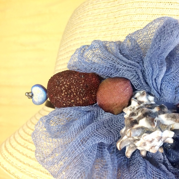 Ψάθινο γυναικείο καπέλο, διακοσμημένο με σύνθεση σε μπλε και καφέ - λουλούδια, romantic, δώρα για γυναίκες, ψάθινα - 5
