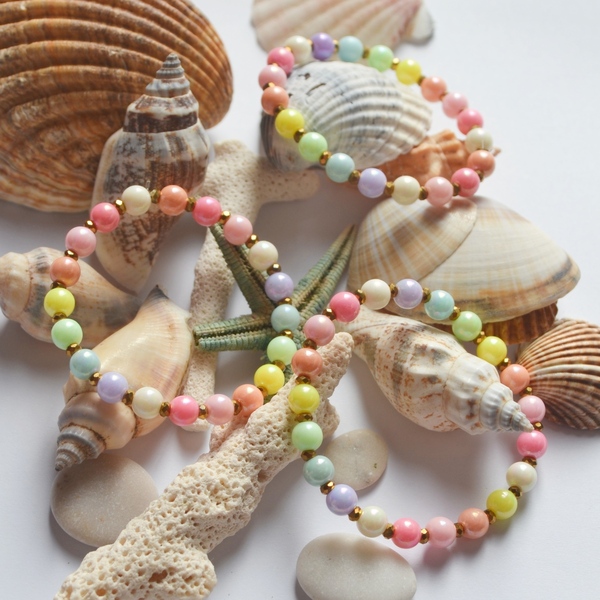 Πολύχρωμο βραχιόλι για κορίτσια με ακρυλικές χάντρες στα παστέλ χρώματα του ουράνιου τόξου - ελαστικό, κορίτσι, κοσμήματα, παιδικά βραχιόλια - 5