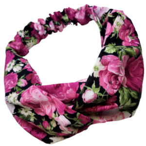 Κορδέλα Turban Style μαύρη με τριαντάφυλλα ροζ-φούξια - ύφασμα, turban, δώρα για γυναίκες, κορδέλες μαλλιών