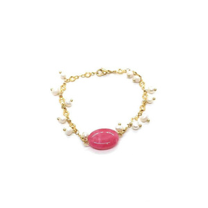 Ατσάλινο βραχιόλι με ροζ νεφρίτη και μαργαριτάρια - ημιπολύτιμες πέτρες, αλυσίδες, επιχρυσωμένα, ατσάλι, χεριού
