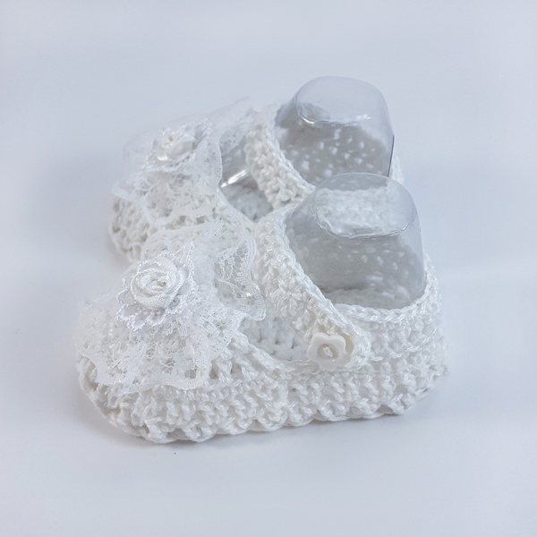 Πλεκτά λευκά καλοκαιρινά παπουτσάκια για κορίτσια/ παπούτσια για μωρά με λουλούδια/ 0-12/ Crochet white summer booties for girls - κορίτσι, δώρο για νεογέννητο, βρεφικά ρούχα - 3