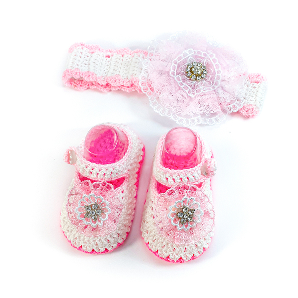 Πλεκτό λευκό-ροζ καλοκαιρινό σετ για κορίτσια / κορδέλα, παπουτσάκια / 0-12/ Crochet white-pink summer set for girls / band, shoes-Αντίγραφο - κορίτσι, σετ, βρεφικά ρούχα