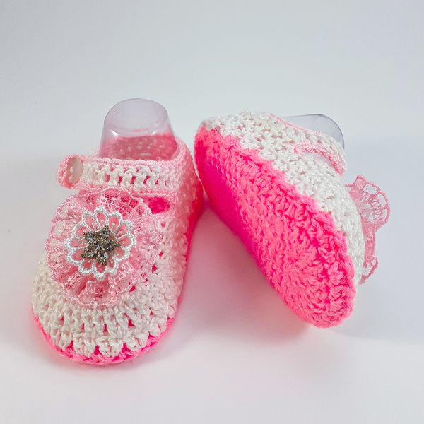 Πλεκτό λευκό-ροζ καλοκαιρινό σετ για κορίτσια / κορδέλα, παπουτσάκια / 0-12/ Crochet white-pink summer set for girls / band, shoes-Αντίγραφο - κορίτσι, σετ, βρεφικά ρούχα - 3