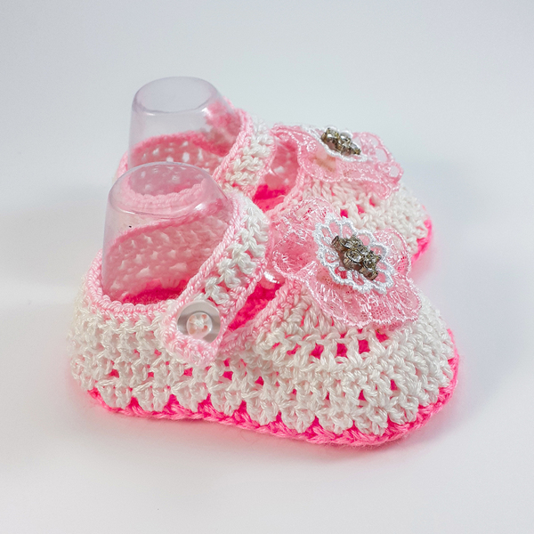 Πλεκτό λευκό-ροζ καλοκαιρινό σετ για κορίτσια / κορδέλα, παπουτσάκια / 0-12/ Crochet white-pink summer set for girls / band, shoes-Αντίγραφο - κορίτσι, σετ, βρεφικά ρούχα - 4