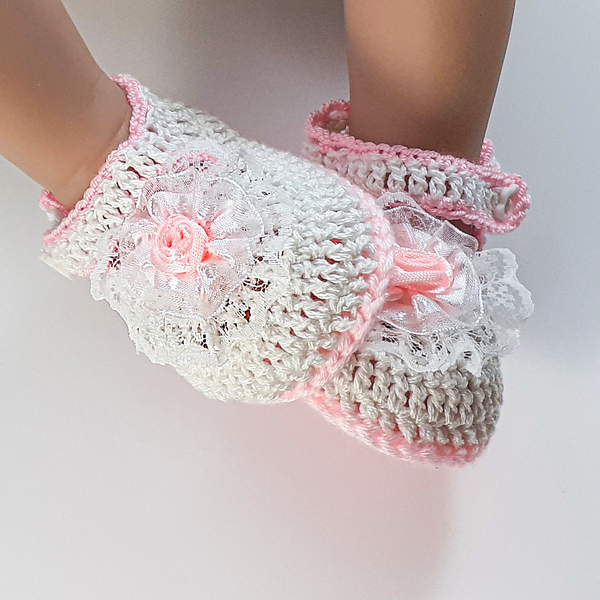Πλεκτά λευκά-ροζ καλοκαιρινά παπουτσάκια για κορίτσια/ παπούτσια για μωρά με λουλούδια/ 0-12/ Crochet white-pink summer sandals for girls - κορίτσι, δώρο για νεογέννητο, βρεφικά ρούχα - 4