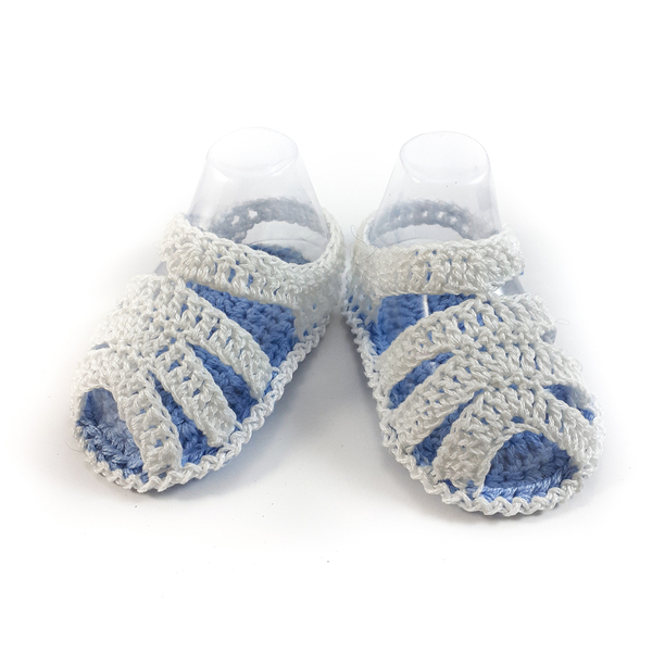 Πλεκτά λευκά-γαλάζια καλοκαιρινά σανδάλια για μωρά/ 0-12/ Crochet blue Summer booties for a babies - αγόρι, βρεφικά ρούχα