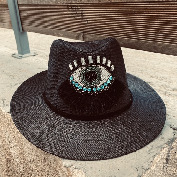 Ψάθινο καπέλο - Boho crystal eye - απαραίτητα καλοκαιρινά αξεσουάρ, boho, καπέλα, ψάθινα - 2