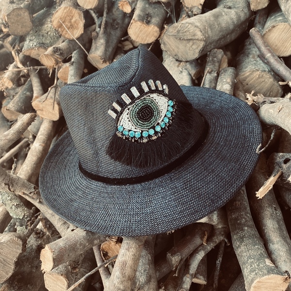 Ψάθινο καπέλο - Boho crystal eye - απαραίτητα καλοκαιρινά αξεσουάρ, boho, καπέλα, ψάθινα - 5