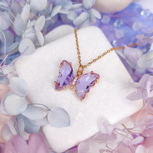 Crystal Soul ~ Lilac | Κολιέ με αλυσίδα από ανοξείδωτο ατσάλι και ορειχάλκινο μοτίφ πεταλούδα - μήκος 40 εκ - charms, ορείχαλκος, κοντά, ατσάλι, φθηνά - 3