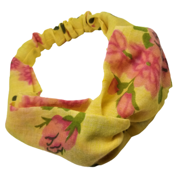 Κορδέλα Turban Style κίτρινη με λουλούδια ροζ-φούξια - ύφασμα, turban, δώρα για γυναίκες, κορδέλες μαλλιών - 2
