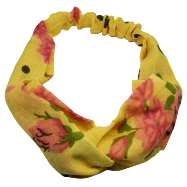Κορδέλα Turban Style κίτρινη με λουλούδια ροζ-φούξια - ύφασμα, turban, δώρα για γυναίκες, κορδέλες μαλλιών - 3
