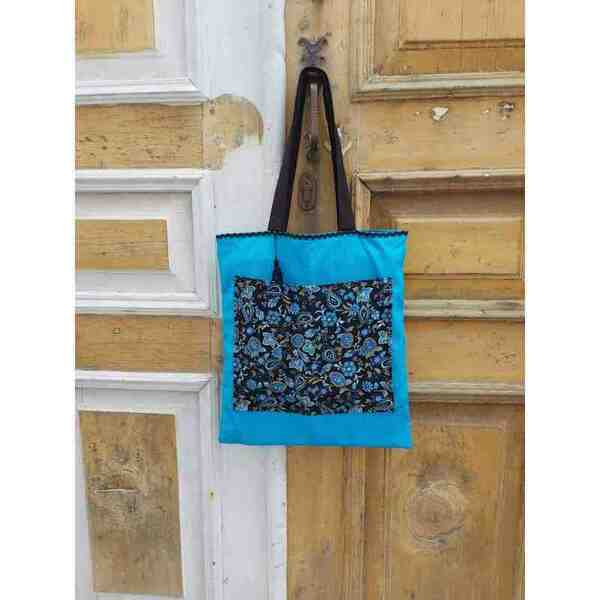 Υφασμάτινη τσάντα μπλε / μαύρα λαχούρια - tote bag - ώμου, all day, θαλάσσης, tote, τσαντάκια - 2