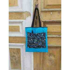 Υφασμάτινη τσάντα μπλε / μαύρα λαχούρια - tote bag - ώμου, all day, θαλάσσης, tote, τσαντάκια - 2