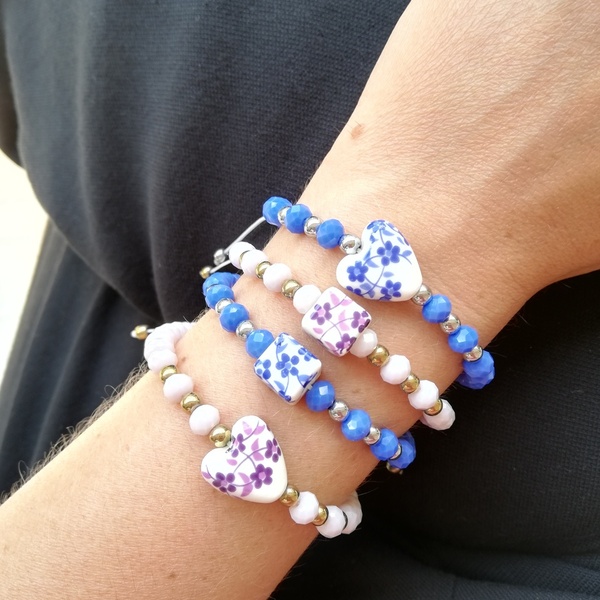 Βραχιόλι κεραμικός κύβος με λουλούδια και κρυστάλλινες χάντρες - μπλε - χάντρες, κύβος, χεριού, αυξομειούμενα - 5