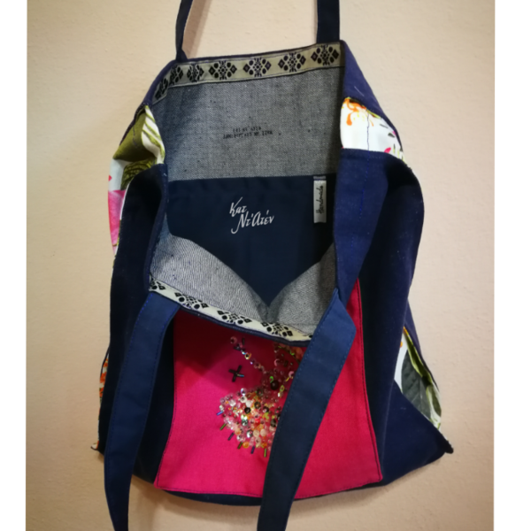 Τζην Τσάντα με κεντημενη τσεπη, εμπριμε πλαϊνά, οικολογική tote bag, shopper 33Χ6Χ36 Φρίντα - ύφασμα, κεντητά, πάνινες τσάντες - 3