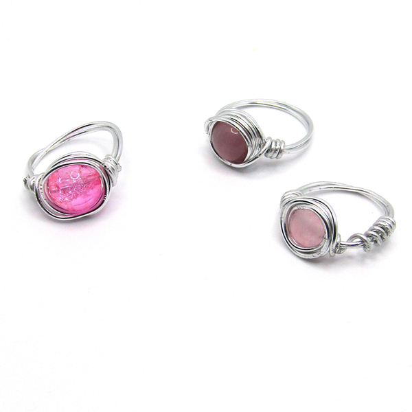 Pink Rings ~ Σετ τριών ροζ χάντρες & μεταλλικά δαχτυλίδια - μικρά, σετ, σταθερά, φθηνά