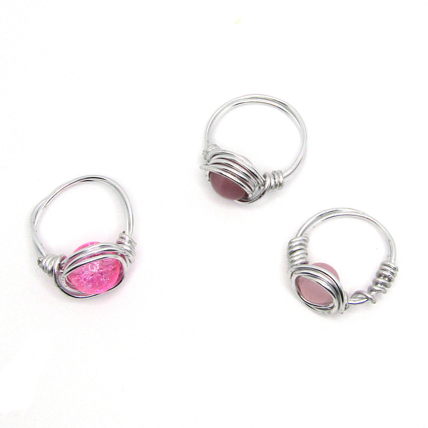 Pink Rings ~ Σετ τριών ροζ χάντρες & μεταλλικά δαχτυλίδια - μικρά, σετ, σταθερά, φθηνά - 2