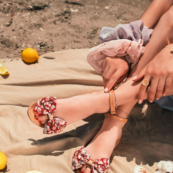 Cherry Blossom Sandals - δέρμα, φιόγκος, λουλούδια, χειροποίητα, φλατ, ankle strap - 3