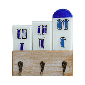 Ξύλινη Κλειδοθήκη με Γυάλινα Σπιτάκια 13χ12χ4,5 μπεζ - amythito 671214053001 - ξύλο, γυαλί, χειροποίητα, σπιτάκι, κλειδοθήκες