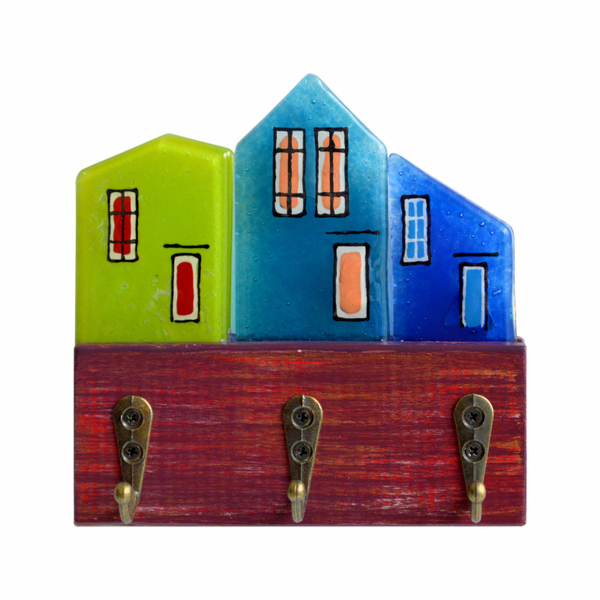 Ξύλινη Κλειδοθήκη με Γυάλινα Σπιτάκια 13χ12χ4,5 μπορντό - amythito 671215052001 - ξύλο, γυαλί, χειροποίητα, σπιτάκι, κλειδοθήκες