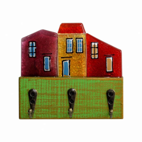Ξύλινη Κλειδοθήκη με Γυάλινα Σπιτάκια 13χ12χ4,5 πράσινο - amythito 671215055001 - ξύλο, γυαλί, χειροποίητα, σπιτάκι, κλειδοθήκες