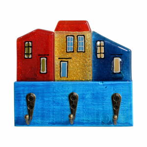 Ξύλινη Κλειδοθήκη με Γυάλινα Σπιτάκια 13χ12χ4,5 μπλε - amythito 671215054001 - κλειδοθήκες, ξύλο, γυαλί, χειροποίητα, σπιτάκι