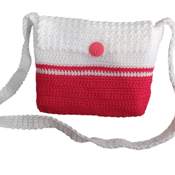 Χειροποίητη πλεκτή παιδική τσάντα χιαστί κόκκινο-λευκό 20Χ17 - πλεκτό, δώρο, χιαστί, χειροποίητα, τσαντάκια - 3