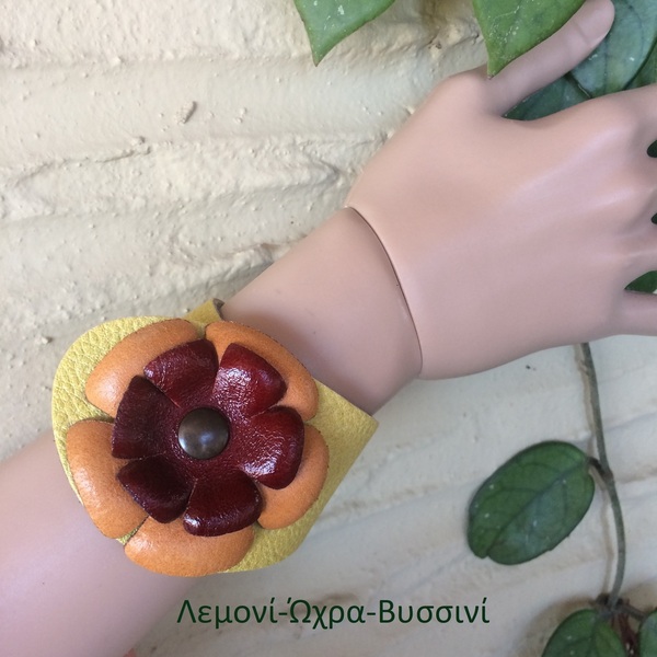 Δερμάτινο βραχιόλι καρπού (μανσέτα) με δερμάτινο λουλούδι σε 3 χρώματα - δέρμα, χεριού, αυξομειούμενα, φαρδιά - 4