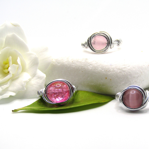 Pink Rings ~ Σετ τριών ροζ χάντρες & μεταλλικά δαχτυλίδια - μικρά, σετ, σταθερά, φθηνά - 3