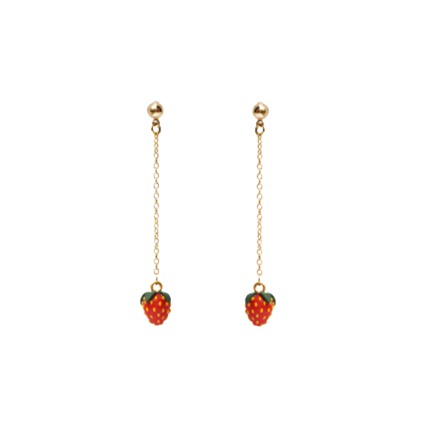 Strawberry Dangle Earrings | Χειροποίητα μακριά καρφωτά σκουλαρίκια φράουλες (πηλός, επιχρυσωμένος ορείχαλκος) (6εκ.) - ορείχαλκος, πηλός, μακριά, κρεμαστά