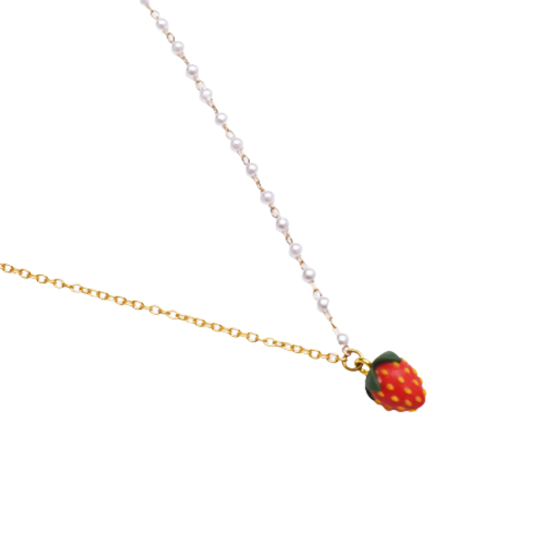 Strawberry Minimal Necklace | Κολιέ με χειροποίητη φράουλα από πηλό (επιχρυσωμένος ορείχαλκος, ατσάλι) (50εκ.) (αυξομειούμενο) - charms, πηλός, κοντά, πέρλες
