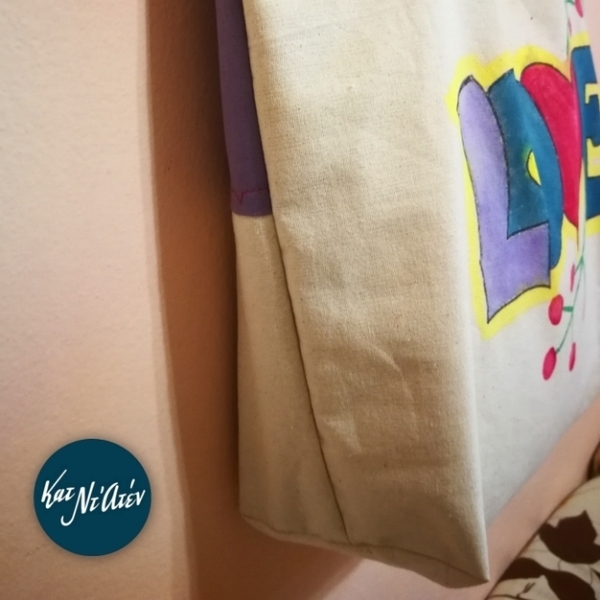 Τσάντα ζωγραφισμένη LOVE, πανινη tote bag, shopper 40X35/40 - ύφασμα, μεγάλες, πάνινες τσάντες - 2