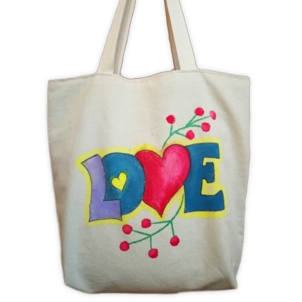 Τσάντα ζωγραφισμένη LOVE, πανινη tote bag, shopper 40X35/40 - ύφασμα, μεγάλες, πάνινες τσάντες