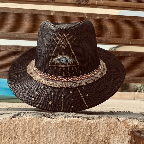Ψάθινο καπέλο - Black different evil eye - ψάθινα, παραλία, απαραίτητα καλοκαιρινά αξεσουάρ, ζωγραφισμένα στο χέρι - 2