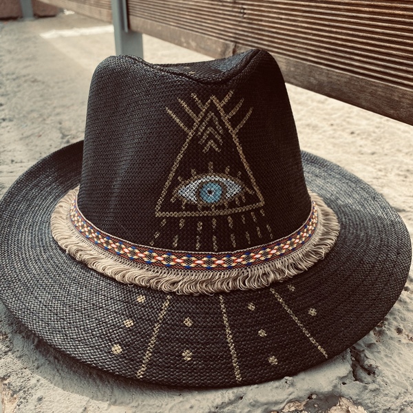 Ψάθινο καπέλο - Black different evil eye - ψάθινα, παραλία, απαραίτητα καλοκαιρινά αξεσουάρ, ζωγραφισμένα στο χέρι - 4