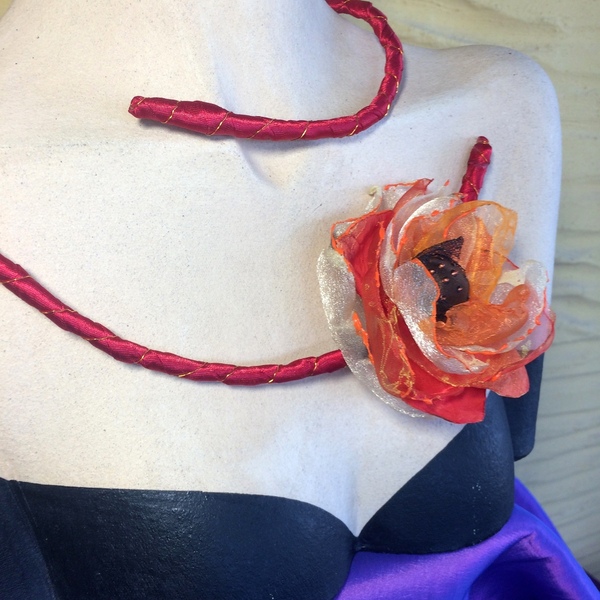 Χειροποίητο υφασμάτινο κολιέ Σπιράλ Λουλούδι πορτοκαλοκόκκινο - ύφασμα, romantic, κοντά, λουλούδι, μεγάλα - 3
