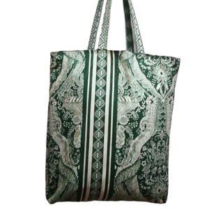 Μεγαλη tote bag 40Χ43, πράσινη Πάνινη τσάντα, shopping bag, vintage jacquard βαμβακερο ιταλικό - ύφασμα, ώμου, μεγάλες, all day, πάνινες τσάντες