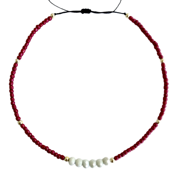 Κολιέ κόκκινο με λευκά ιβουάρ κρύσταλλα - γυναικεία, τσόκερ, χάντρες, κοντά, boho, seed beads