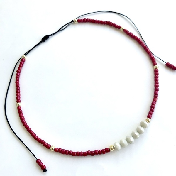 Κολιέ κόκκινο με λευκά ιβουάρ κρύσταλλα - γυναικεία, τσόκερ, χάντρες, κοντά, boho, seed beads - 3