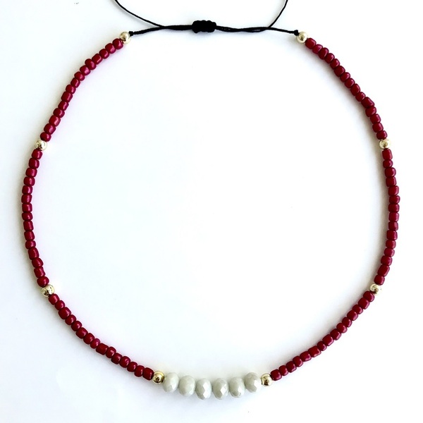 Κολιέ κόκκινο με λευκά ιβουάρ κρύσταλλα - γυναικεία, τσόκερ, χάντρες, κοντά, boho, seed beads - 4
